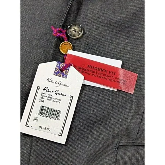 Robert Graham Modern Fit Sharkskin Hunter Green Suit Size 38R (MSRP $598) - Picture 6 of 7